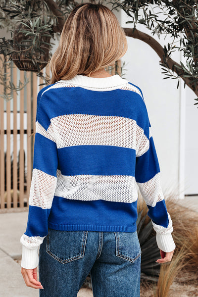 Blue Striped Colorblock Eyelet Crochet Knitted Lightweight Sweater