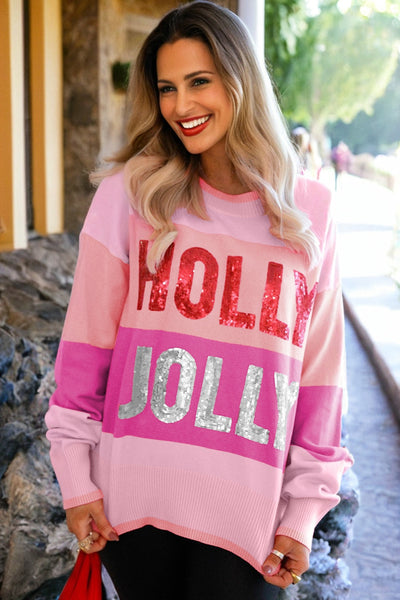 Pink Sequined HOLLY JOLLY Colorblocked Sweater