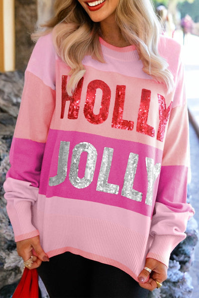 Pink Sequined HOLLY JOLLY Colorblocked Sweater