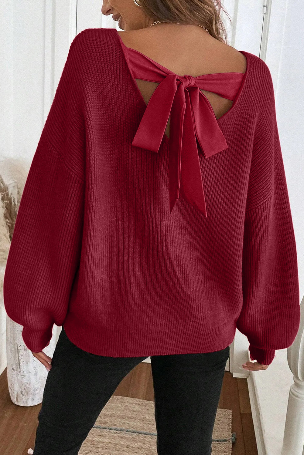 Red Dahlia Ribbon Bow Knot Tie Back Sweater