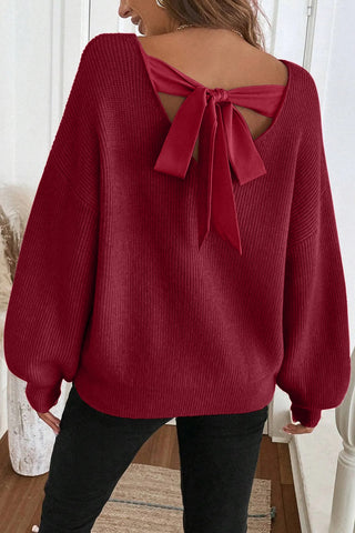 Red Dahlia Ribbon Bow Knot Tie Back Sweater