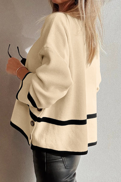 Beige with Black Contrast Stripes Sweater with Button Side Details