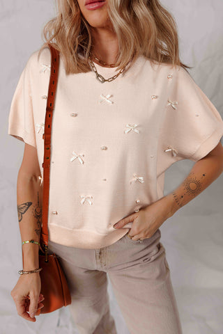 Oatmeal Short Sleeve Lightweight Sweater with Pearl and Bow Embellishments