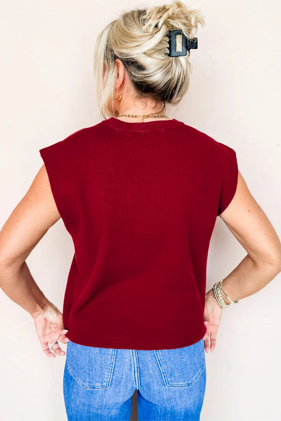 Red Crew Neck Knit Cap Sleeve Sweater