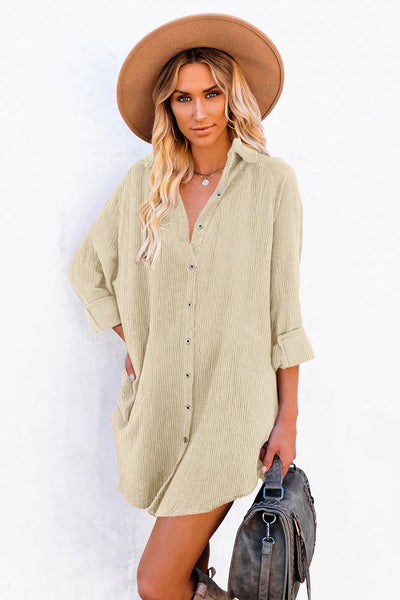Beige Corduroy Button Up Long Sleeve Shirt Dress