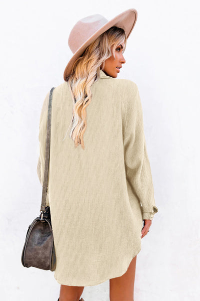 Beige Corduroy Button Up Long Sleeve Shirt Dress