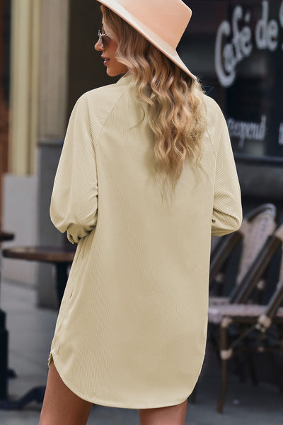 Beige Corduroy Button Up Long Sleeve Shirt Dress