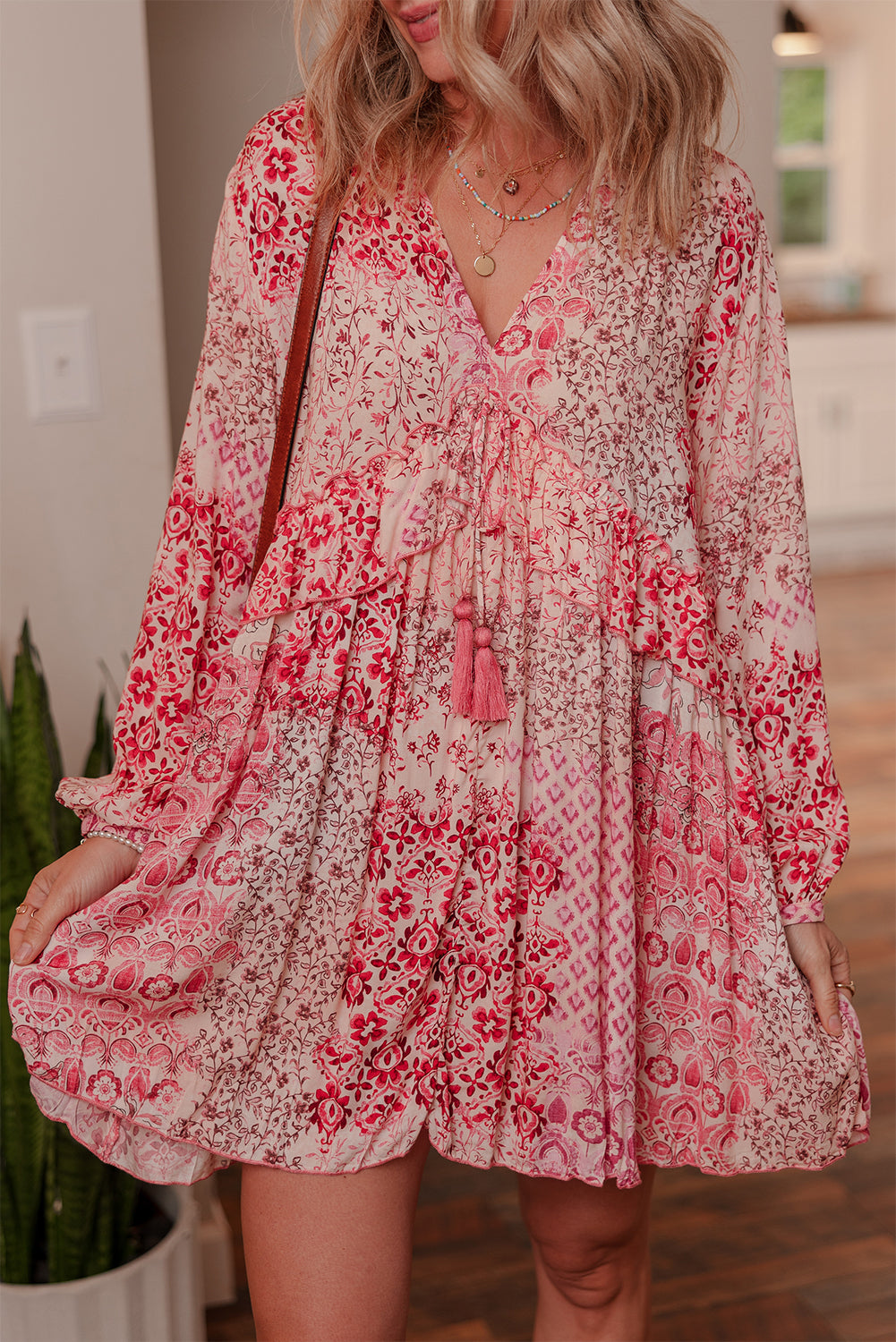 Pink and Red Floral Flowy Boho Dress