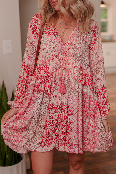 Pink and Red Floral Flowy Boho Dress