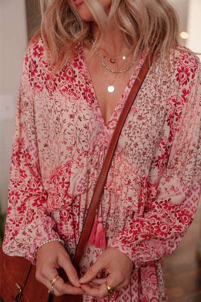 Pink and Red Floral Flowy Boho Dress