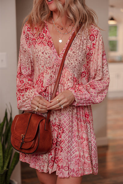 Pink and Red Floral Flowy Boho Dress