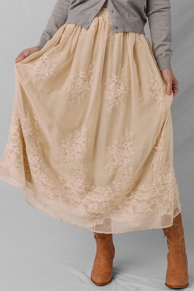 Beige Floral Embroidered Fully Lined Boho Maxi Skirt