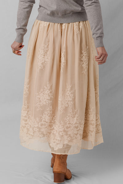 Beige Floral Embroidered Fully Lined Boho Maxi Skirt