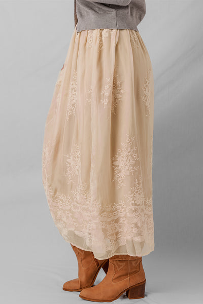 Beige Floral Embroidered Fully Lined Boho Maxi Skirt