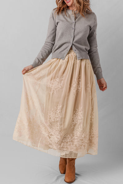 Beige Floral Embroidered Fully Lined Boho Maxi Skirt