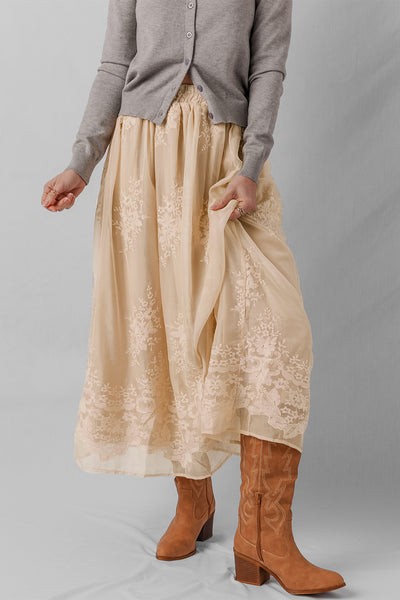 Beige Floral Embroidered Fully Lined Boho Maxi Skirt