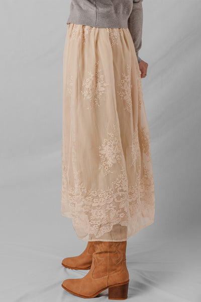 Beige Floral Embroidered Fully Lined Boho Maxi Skirt