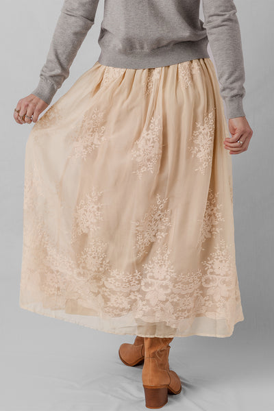 Beige Floral Embroidered Fully Lined Boho Maxi Skirt