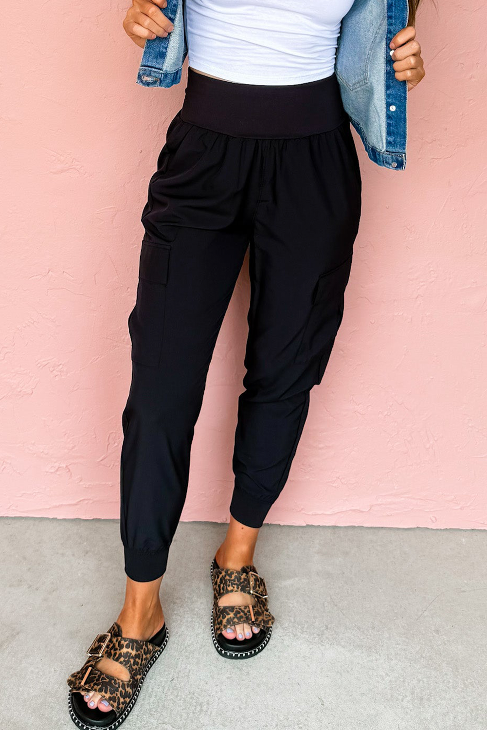 Black High Waist Pocketed Cargo Jogger Pants