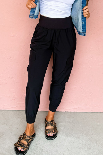 Black High Waist Pocketed Cargo Jogger Pants