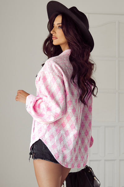 Pink Geometric Textured Flap Pocket Shacket