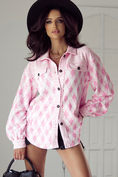 Pink Geometric Textured Flap Pocket Shacket