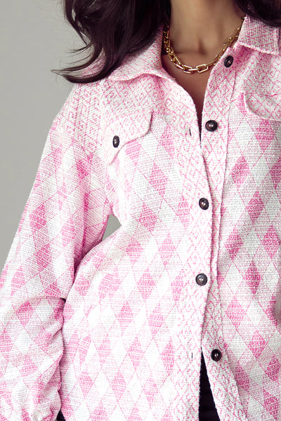 Pink Geometric Textured Flap Pocket Shacket