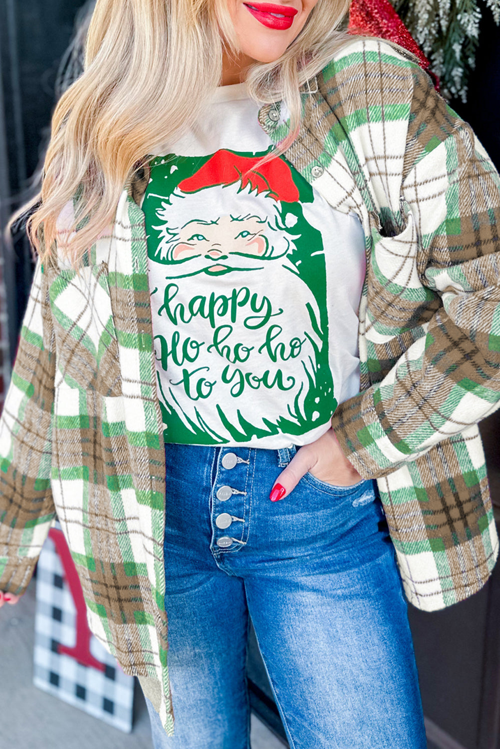 Green and Khaki Christmas Plaid Flannel Shacket