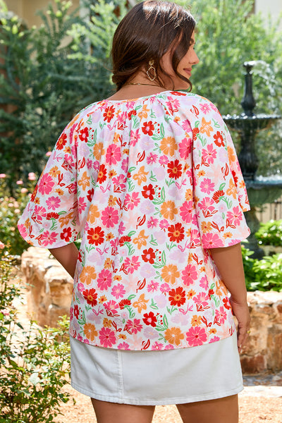 Curvy Colorful Floral Split Neck Top