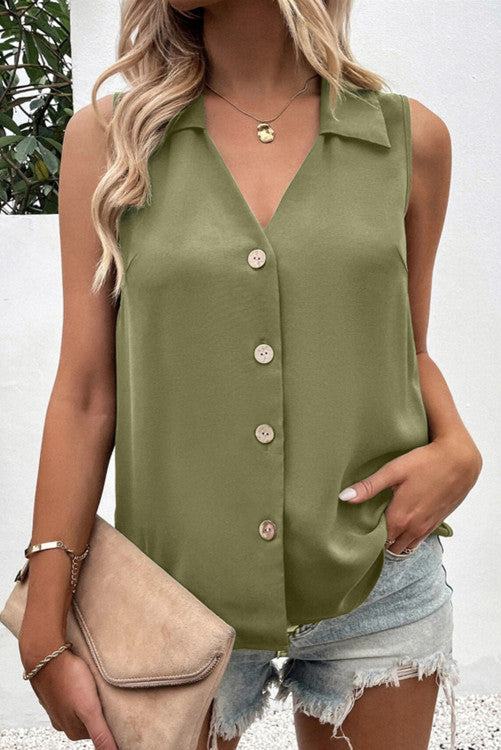 Olive Green Button Up Sleeveless Top
