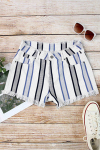 White Denim Striped Shorts with Frayed Waist Edging and Hemline