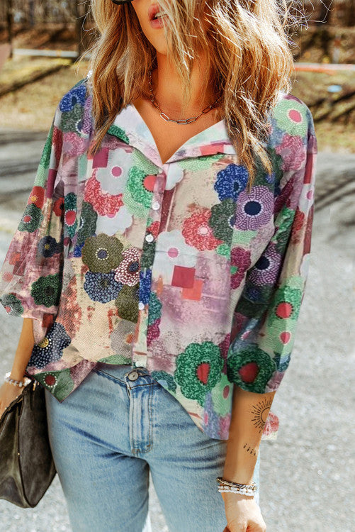 Boho Muted Colorful Floral Button Up Blouse