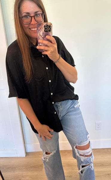 Black Oversized Short Sleeve Button Up Top