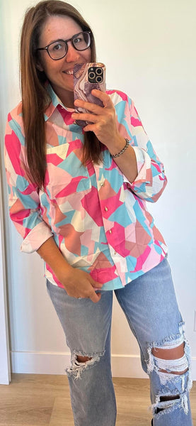 Abstract Button Up Blouse - Pinks - Blue - Cream - White