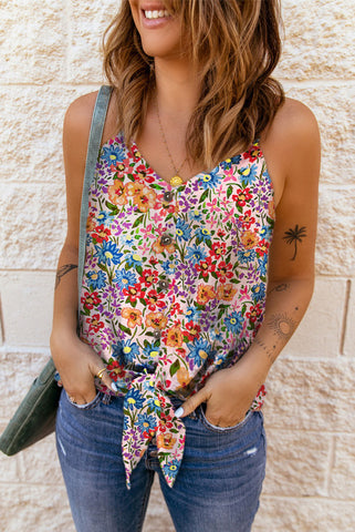 Floral Tie Front Button Up Strappy Top