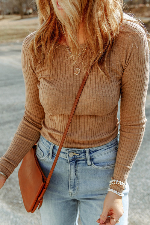 Fitted Khaki Ribbed Sweater Knit Long Sleeve Top