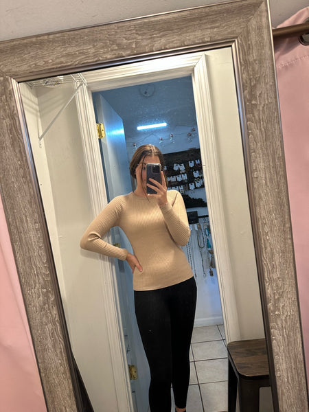 Fitted Khaki Ribbed Sweater Knit Long Sleeve Top
