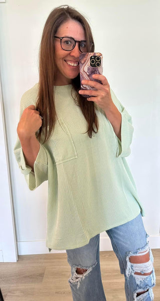 Green Corded Oversized Top with Pocket