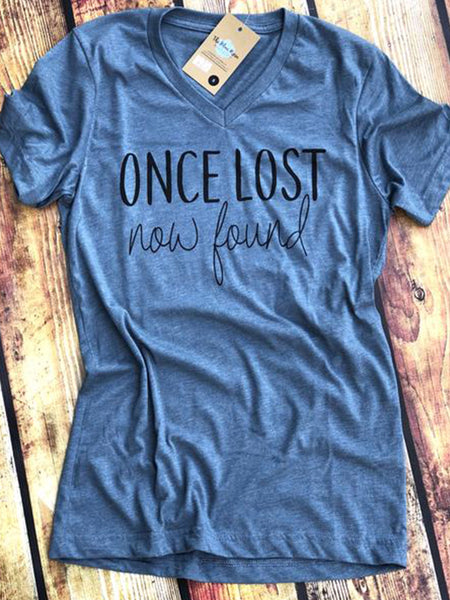 Once Lost Now Found-Amazing Grace-Vneck-Graphic Tee-Bella Canvas-How Sweet the Sound-Grace-Amazing-Inspirational-Apparel-Womens-Mens-Unisex Fit-shirt-The Blue Rose Ky