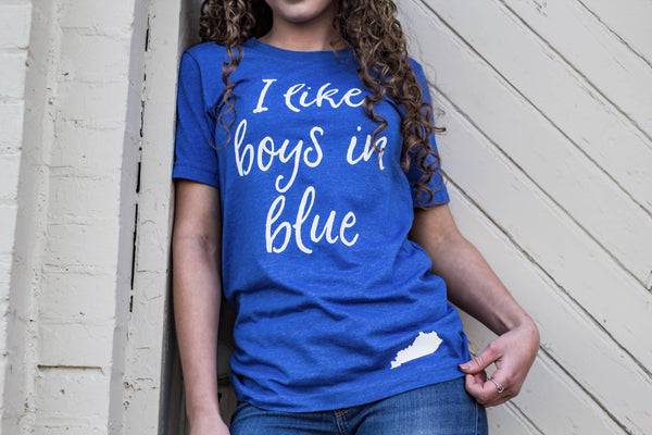 I like boys in blue-Kentucky-basketball-blue-boys-apparel-womens-unisex fit-mens-bluegrass state-graphic tee