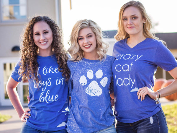 Crazy Cat Lady-Kentucky-Wildcats-Bluegrass State-Blue-Vneck-Tshirt-Graphic Tee-Screen Printed-Bella Canvas-V-Neck-Super Soft-Comfortable-Kentucky Blue-Crazy-Cat Lady-Super Fan-Basketball-Football-Wildcat-BBN-Big Blue Nation-Sports-Team-State-Cats