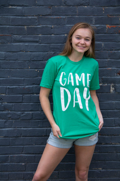 Game Day-Green-Graphic T-shirt-Bella Canvas-Meade County-Basketball-Football-Baseball-Sports-Team Shirt-Game Day Shirt-Game Day Tee-Soccer-Team Mom-Team Spirit-Green and White-Sports-Apparel-Clothing-Womens-Mens-Team