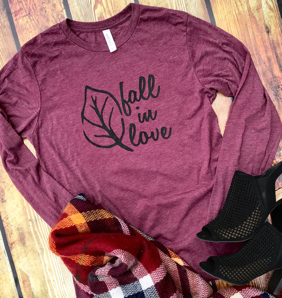 Fall in Love-Fall-Maroon-Graphic Tee-Long Sleeve-Tshirt-Fall Shirt-Women's-Apparel-Clothing-Fall-Bella Canvas-Autumn-Burgundy