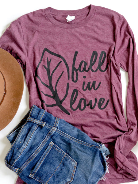 Fall in Love-Fall-Maroon-Graphic Tee-Long Sleeve-Tshirt-Fall Shirt-Women's-Apparel-Clothing-Fall-Bella Canvas-Autumn-Burgundy