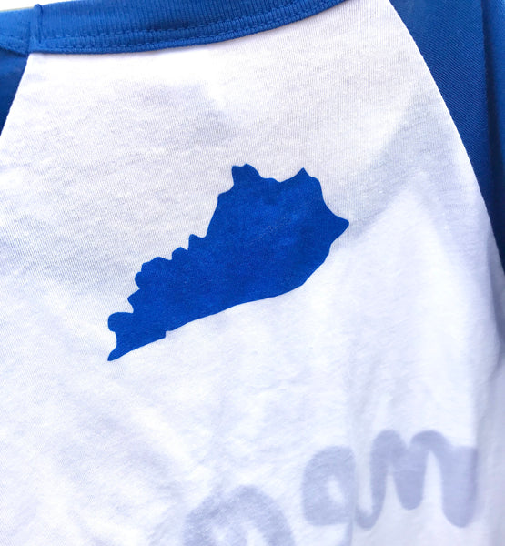 MEOW-Raglan-Baseball Tee-Football-tshirt-Wildcat-Kentucky-BBN-Basketball-Blue and White-University of Kentucky-Wildcats-Clothing-Womens-Mens-Apparel-Bluegrass State-KY-College-Cats-Raglan-Screen Printed