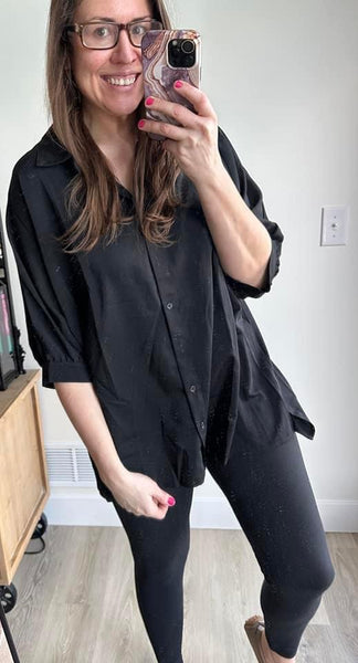 Black Oversized Button Up Top with Loosely Banded and Gathered Sleeves