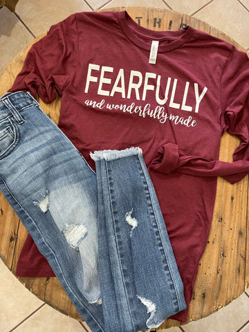 Fearfully and Wonderfully Made - Long Sleeve Tshirt - Heather Cardinal