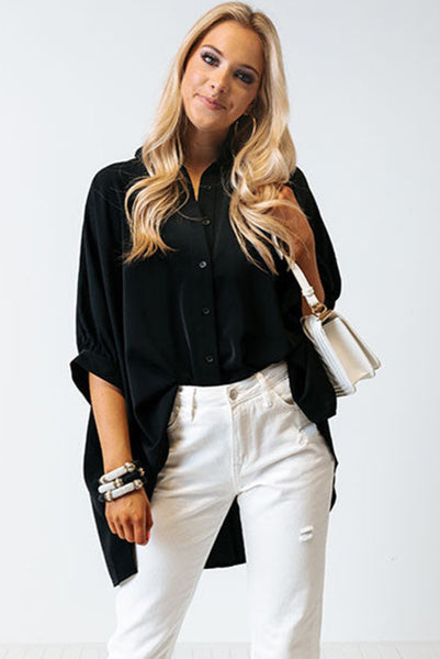 Black Oversized Button Up Top with Loosely Banded and Gathered Sleeves