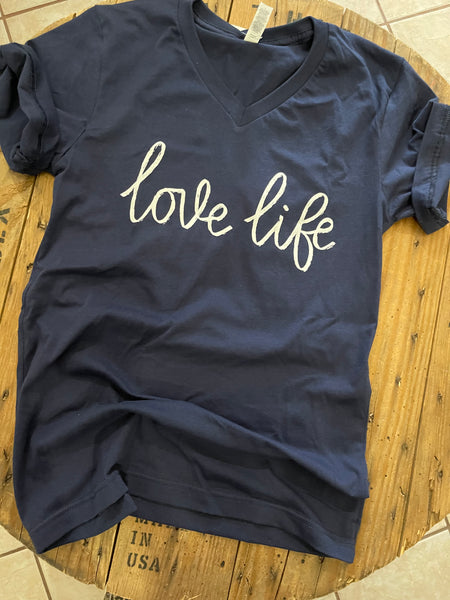 Love Life - Navy - V Neck T-shirt- Bella Canvas