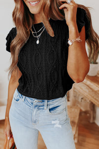 Black Cable Knit Lightweight Sweater with Ruffle Sleeves